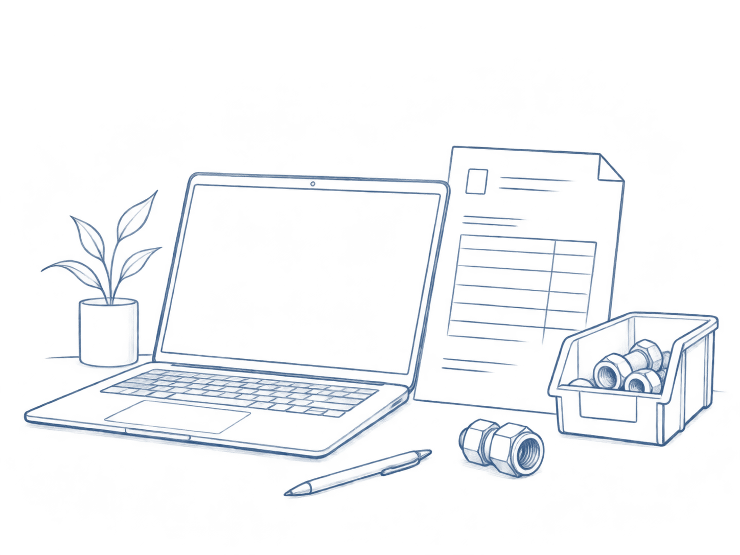 Blue pencil sketch of a laptop, order document, and industrial parts at a working desk.