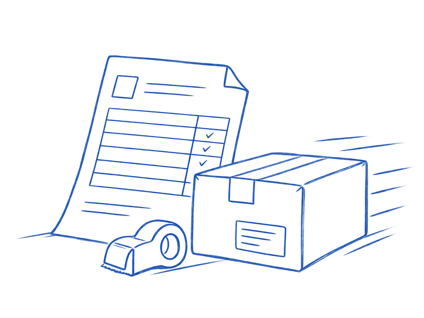 Blue pencil sketch of an order sheet, packing tape and a shipping carton in motion.