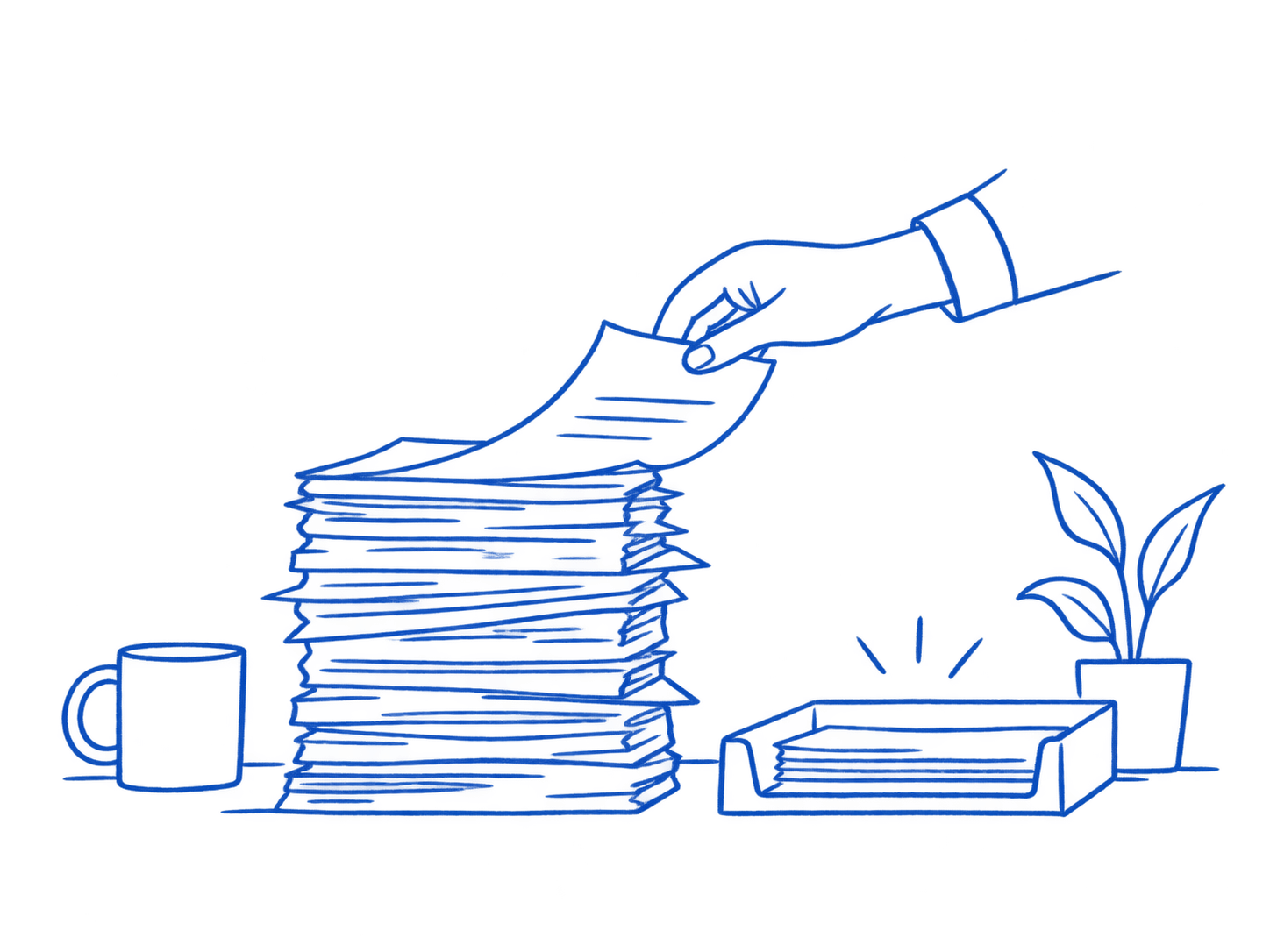 Blue pencil sketch of a hand clearing paperwork from a desk into a tray.