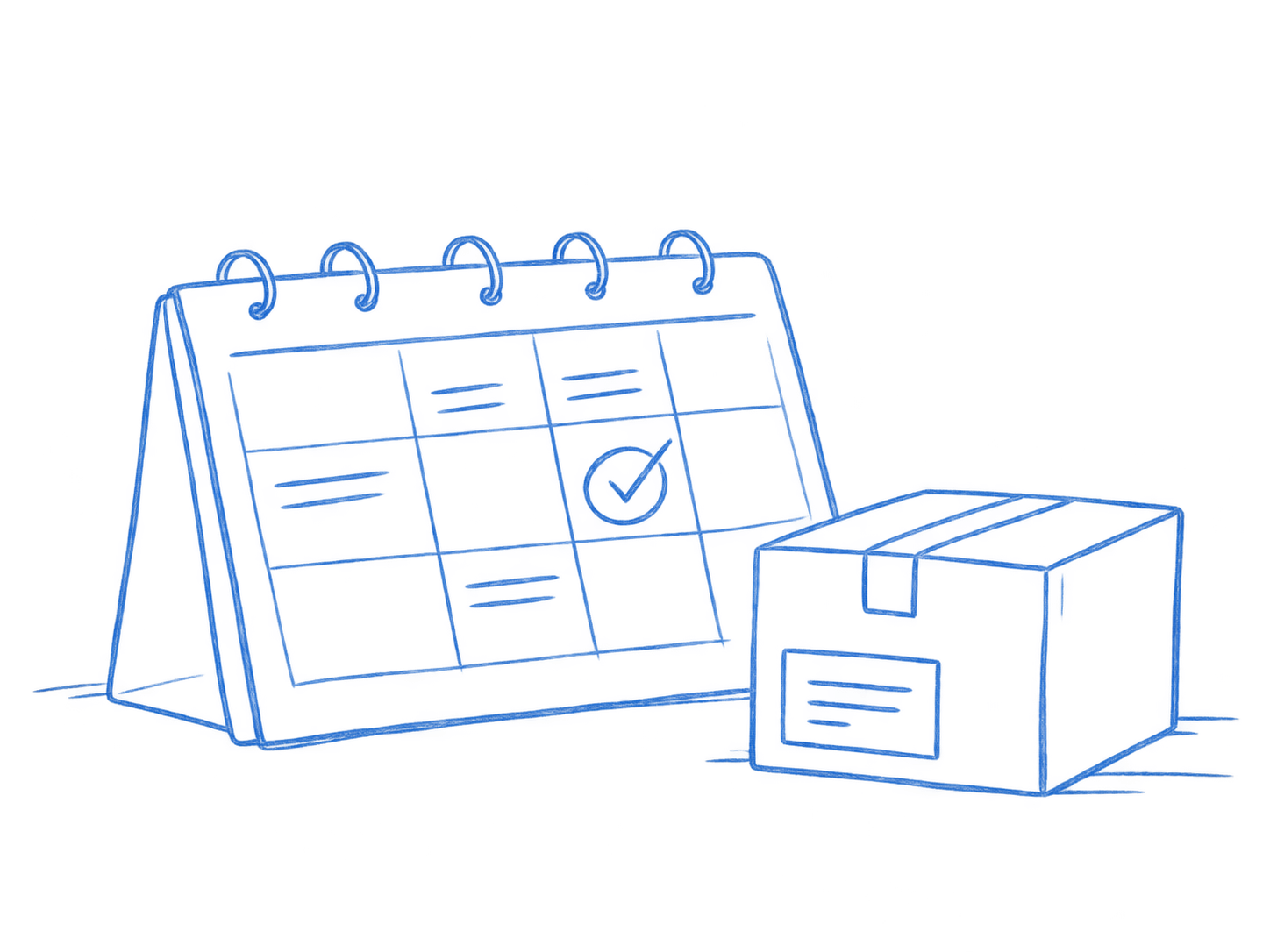 Blue pencil sketch of a delivery calendar with a marked follow-up and a package.
