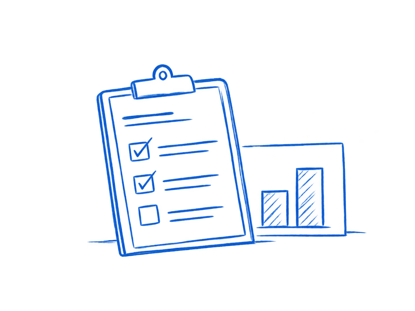 Blue pencil sketch of an operational checklist and a modest comparison chart.