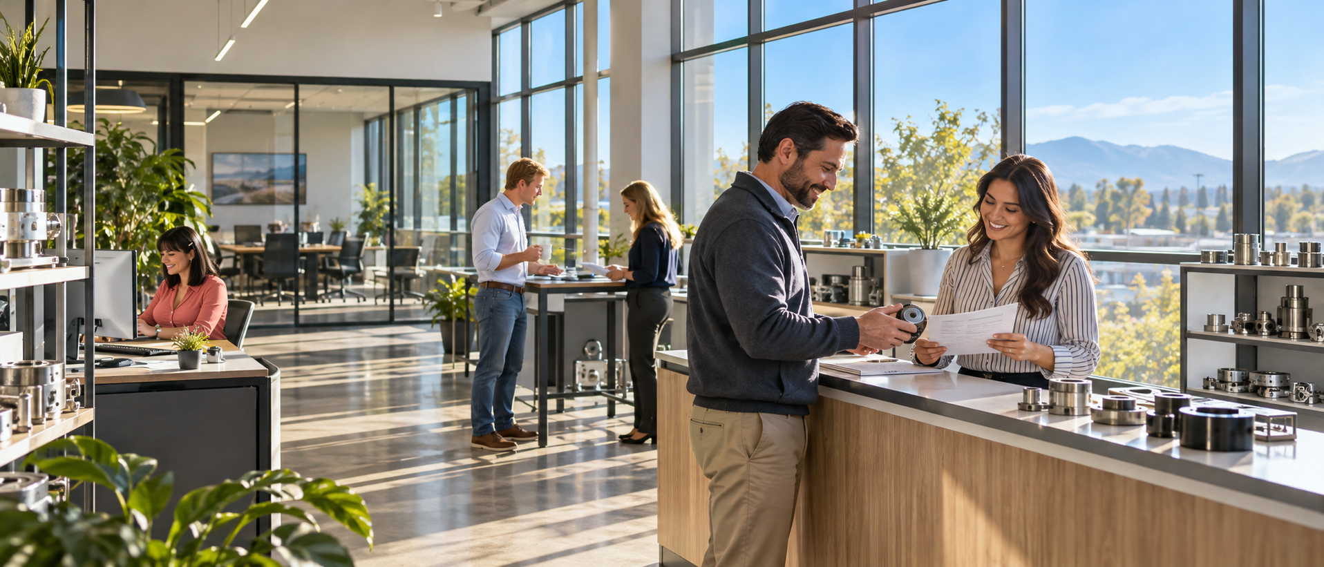 Five business professionals working in a bright distributor showroom with blue morning sky through large windows.