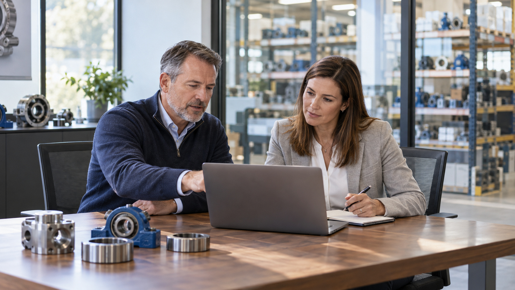 Two business professionals reviewing an order together in a distributor showroom office.
