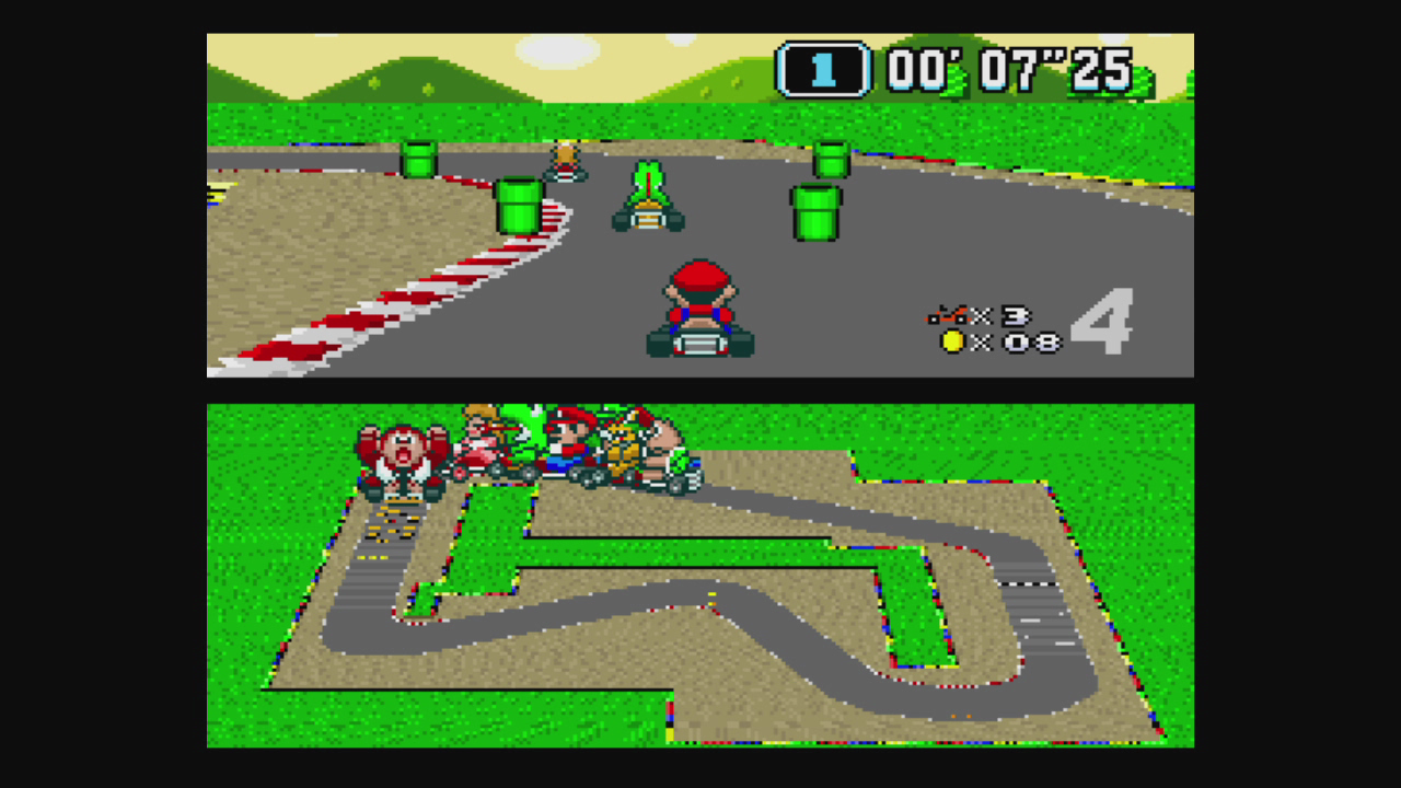 Original Super Mario Kart gameplay showing a race and overhead course map.